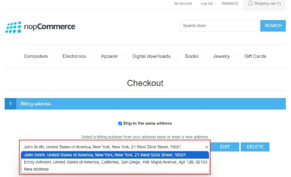 nopCommerce’s default address selection takes over during checkout